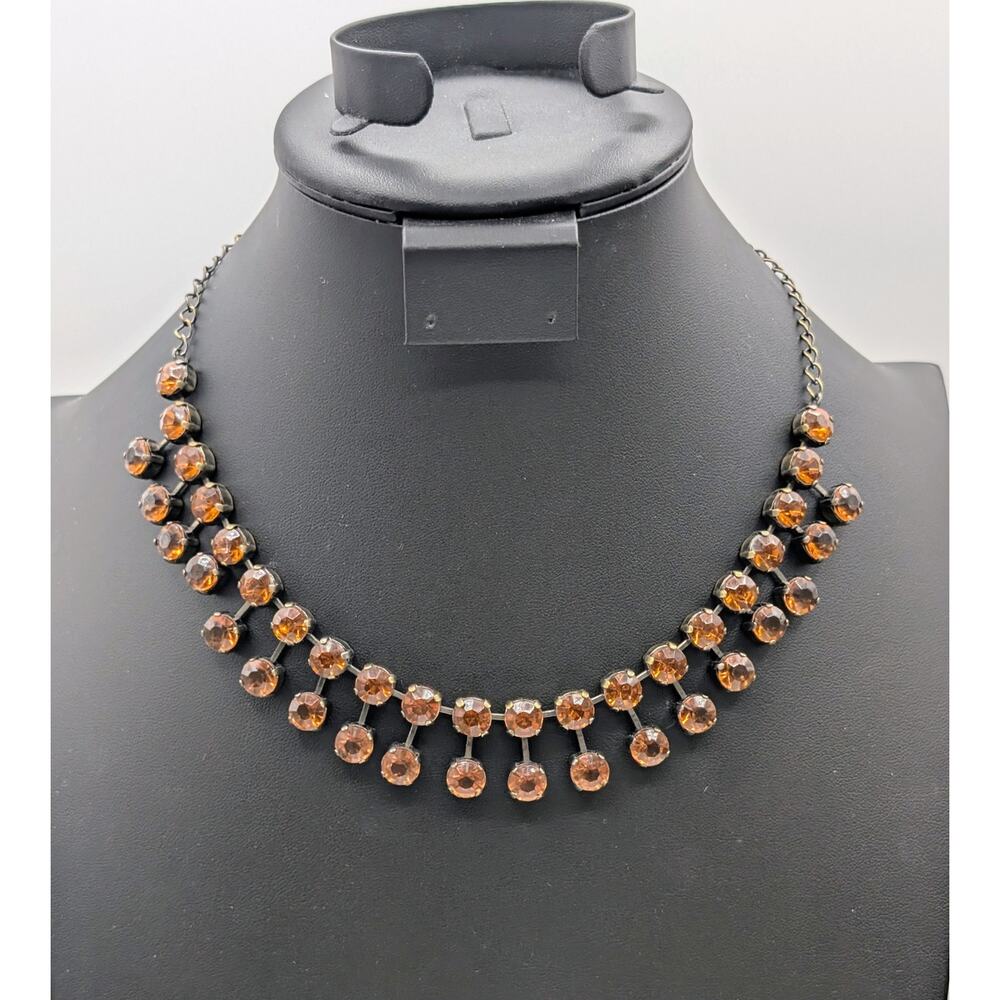 Smoky Topaz Color Rhinestone Bronze Metal 15"-18" Collar Statement Necklace